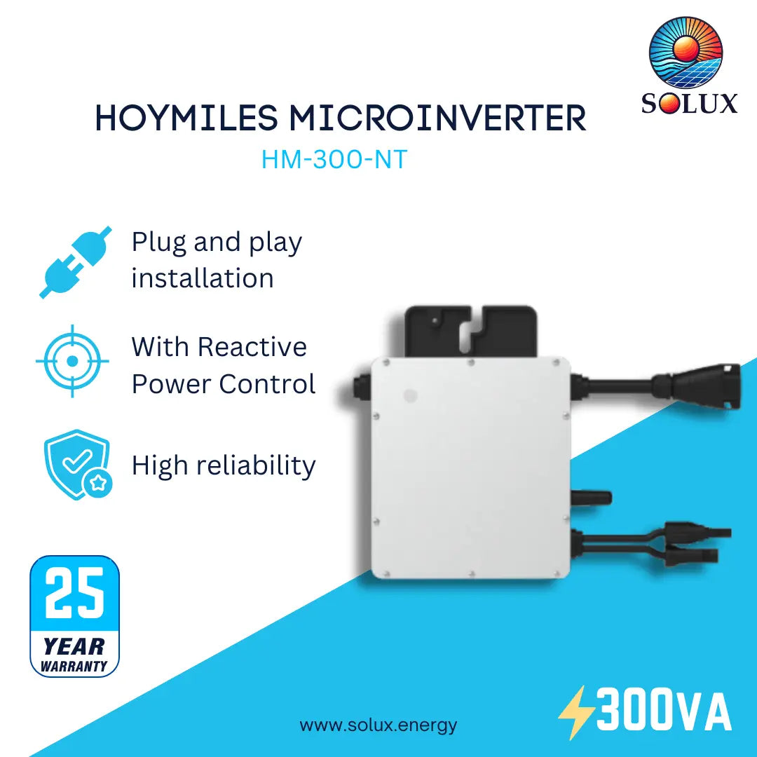 HOYMILES Microinverter HM-300-NT by Solux, a white rectangular inverter unit with black connection terminals, shown on a white and blue promotional graphic with feature callouts and a 25-year warranty badge.